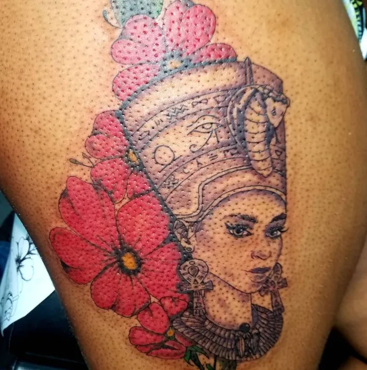 African Queen Tattoo with Red Flower 