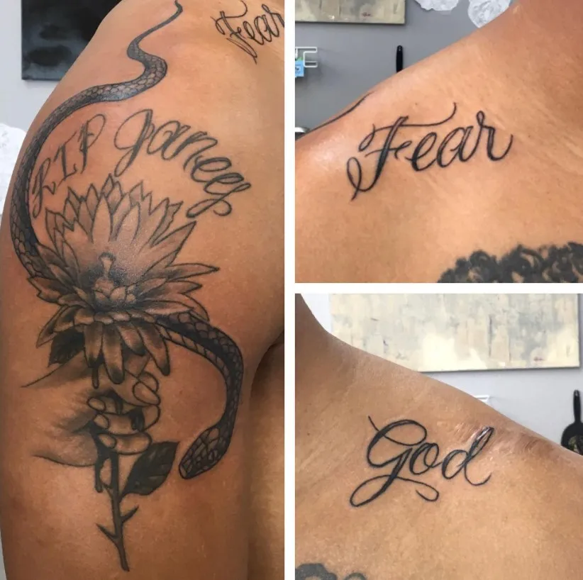 fear god script tattoo on the shoulder