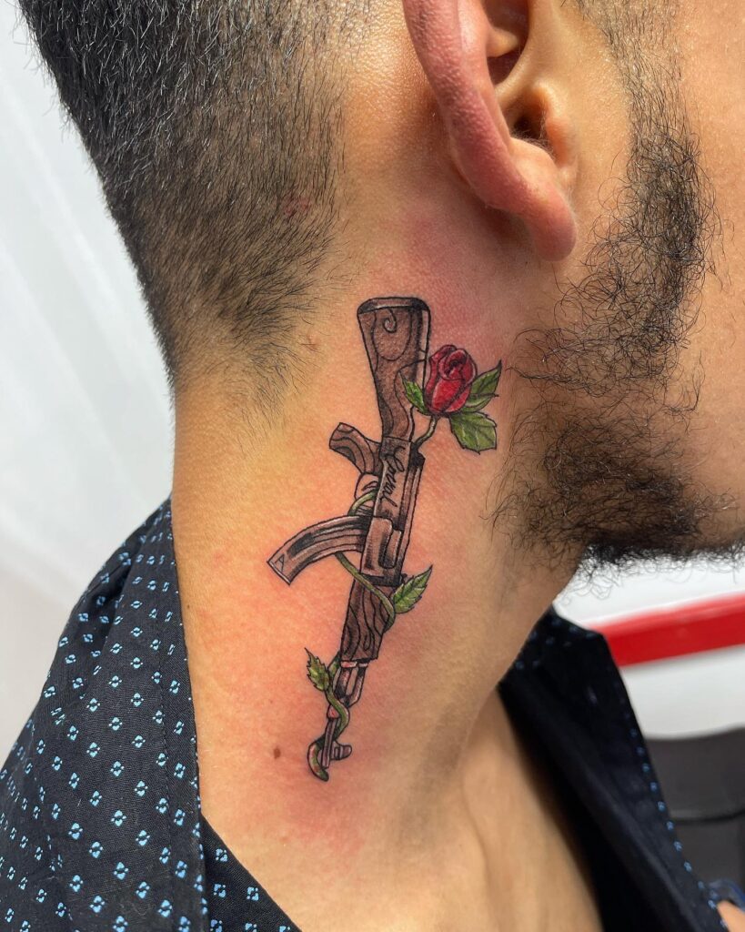 Colorful Ak 47 Tattoo on Neck
