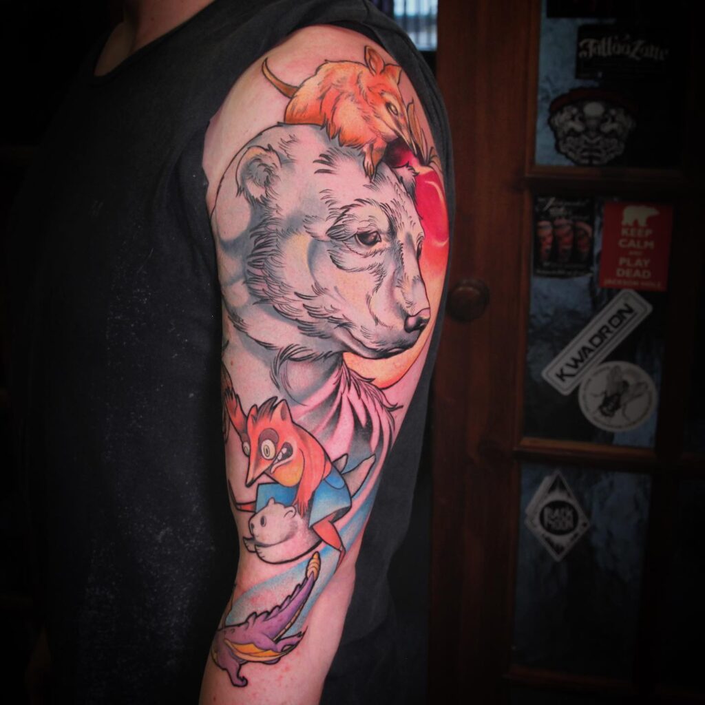 colorful and big polar bear tattoo for guys