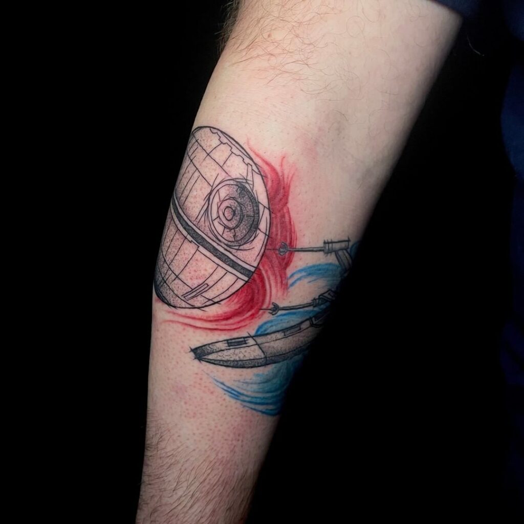 red and blue death star tattoo idea