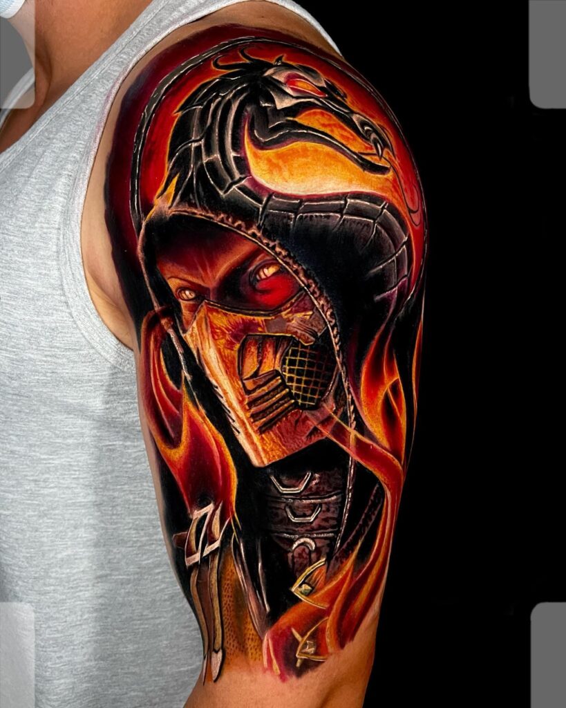 red and orange mortal kombat tattoo