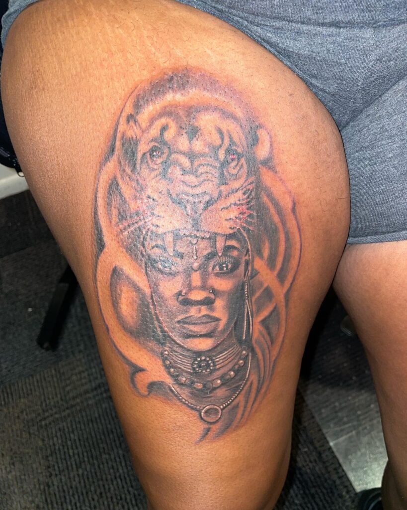 African Queen in the Lyon Mouth Tattoo