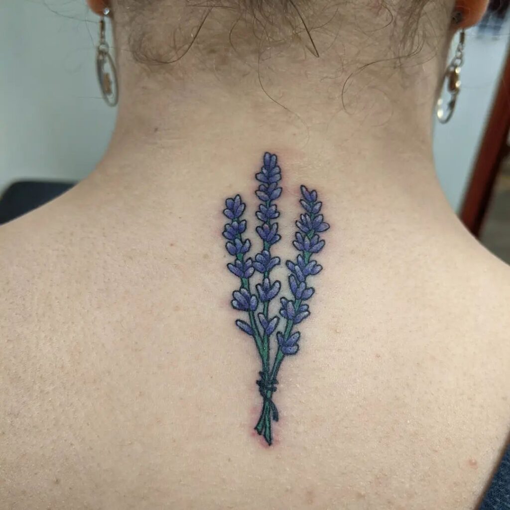 Blue Colored Lavender Tattoo on the Nape