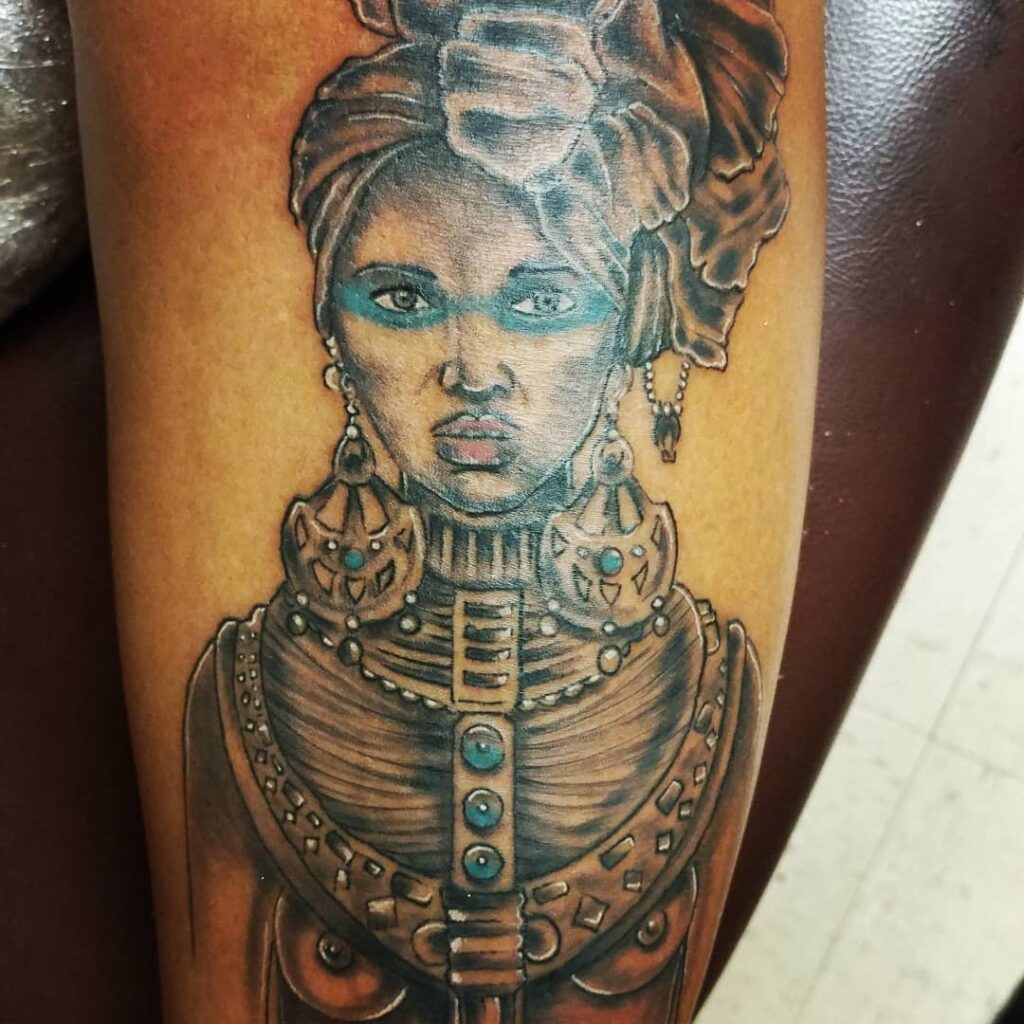 Blue and White Colored African Queen Tattoo