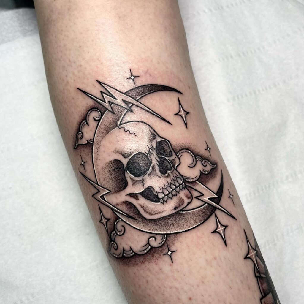 Fully Black Skull and Storm Tattoo