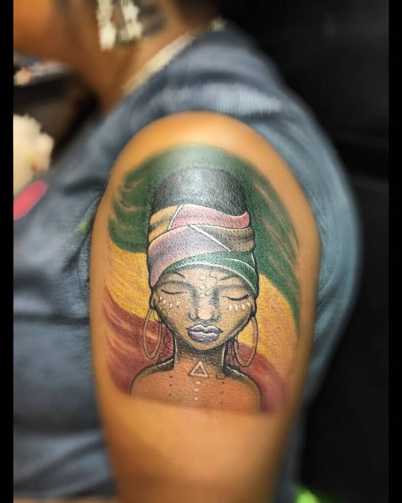 Green Yellow and Red African Queen Tattoo