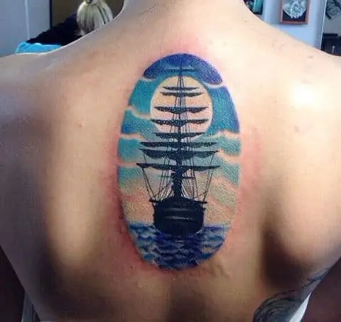 back blue ship tattoo