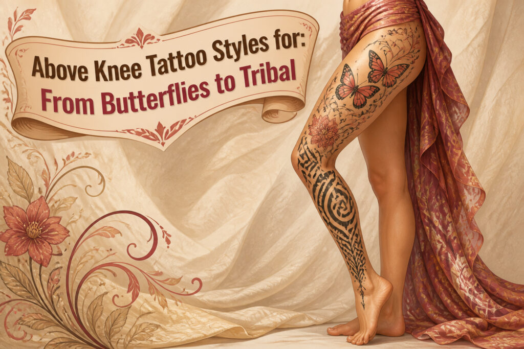 Various above knee tattoos displayed on different models.