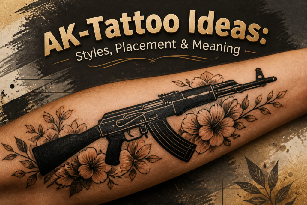 Different styles of AK-47 tattoos displayed in a collage.