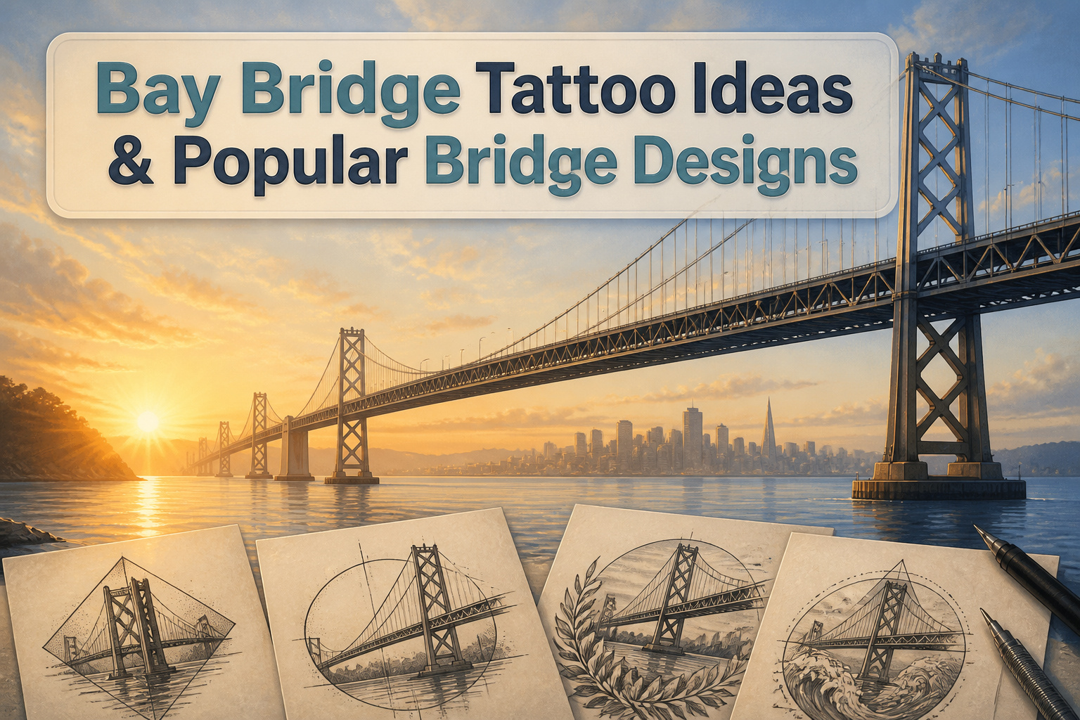 Various bridge tattoos displayed on skin with different styles and designs.