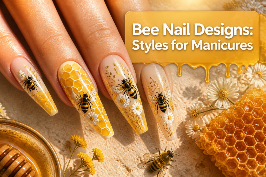 A variety of bee-themed nail designs in different colors and styles.