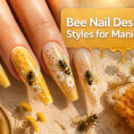 A variety of bee-themed nail designs in different colors and styles.