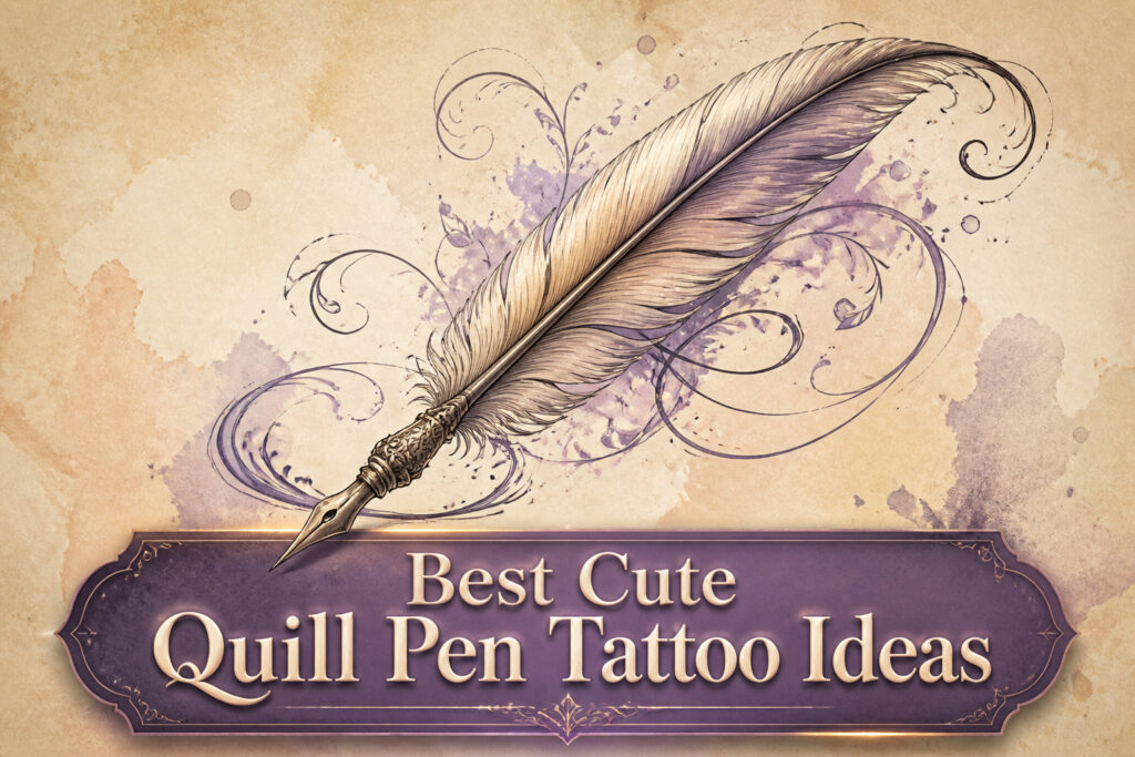 Various quill pen tattoo designs displayed together.