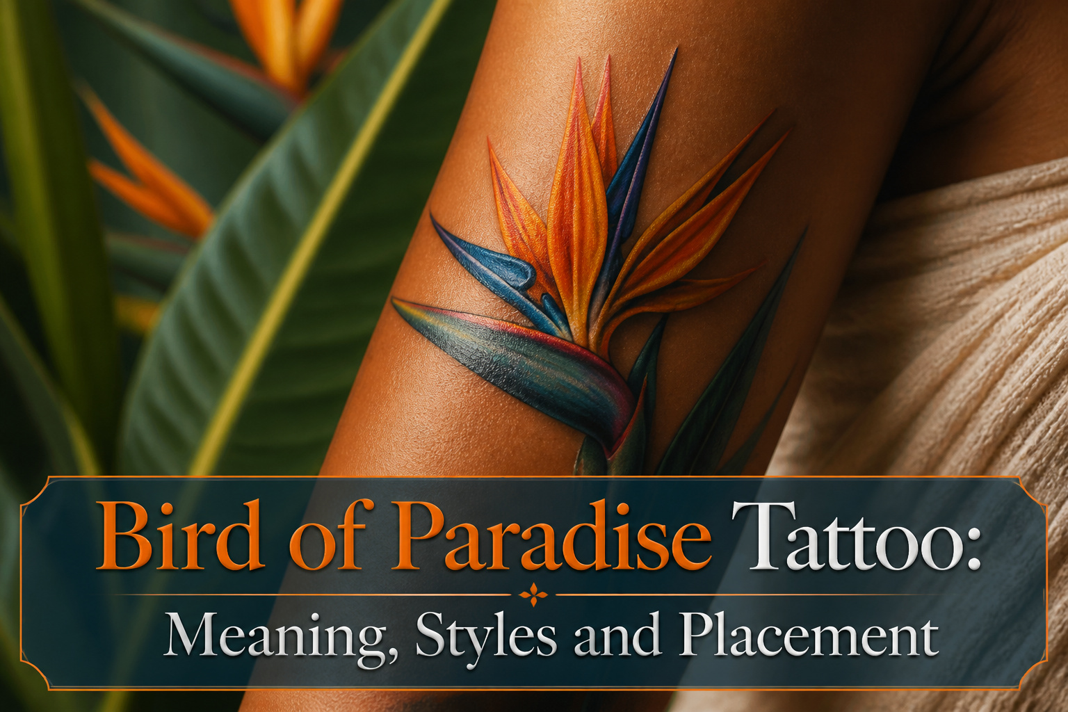 Colorful bird of paradise tattoo displayed prominently on a person's skin.