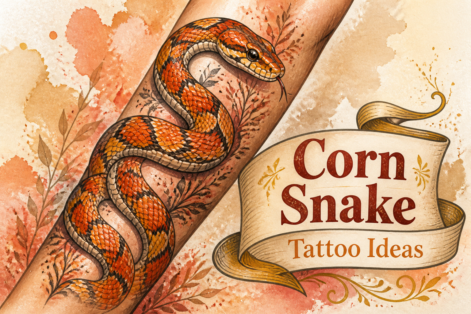 Various corn snake tattoos displayed on a collage background.