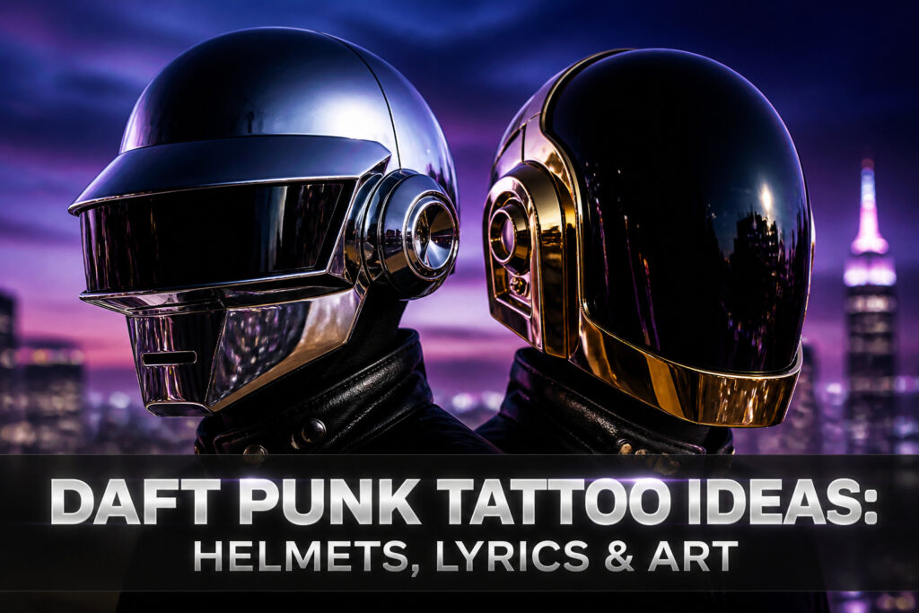 Various Daft Punk tattoos including robot helmets and lyrics.