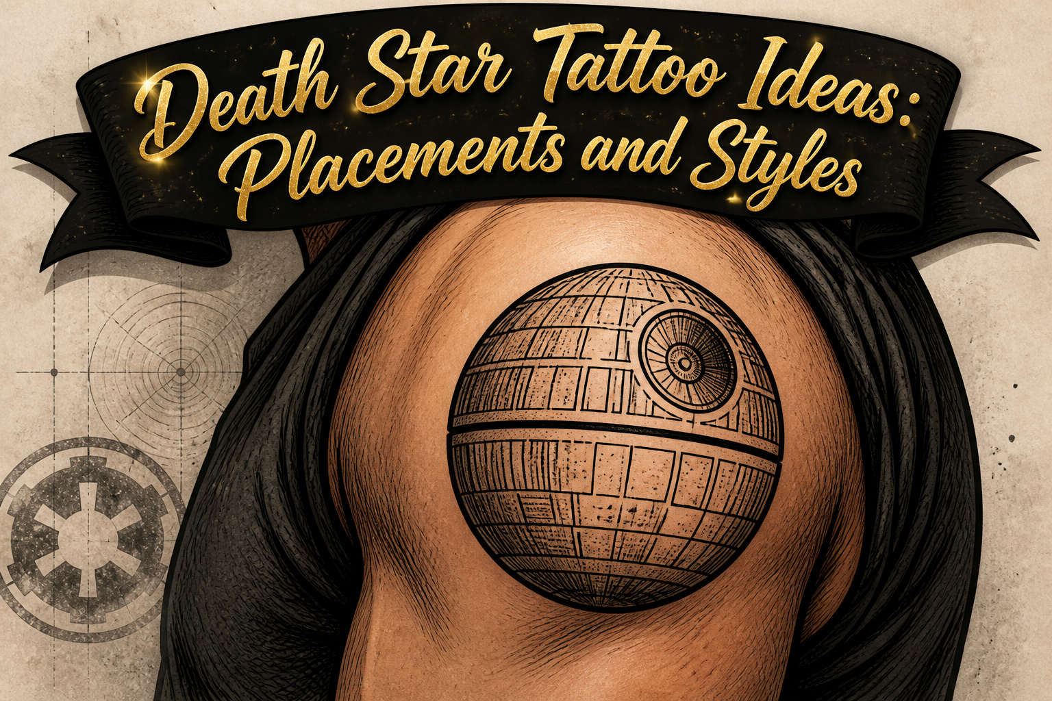 Various Death Star tattoo designs displayed together.