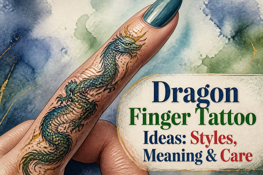 Close-up of a detailed dragon finger tattoo with fine line work.