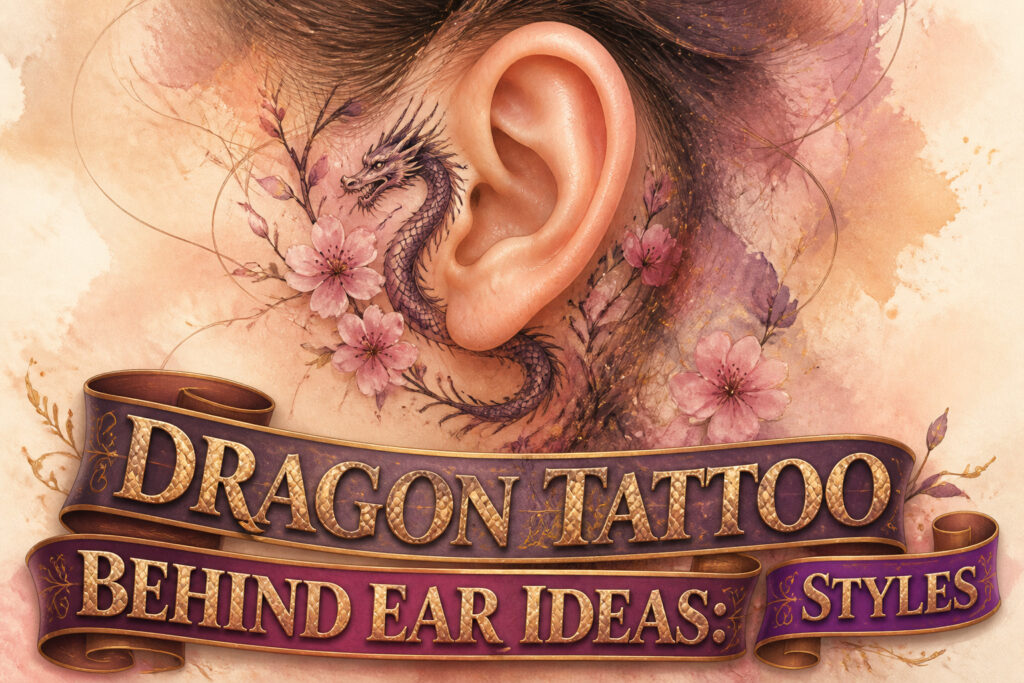 Multiple dragon tattoos behind the ear in different artistic styles.