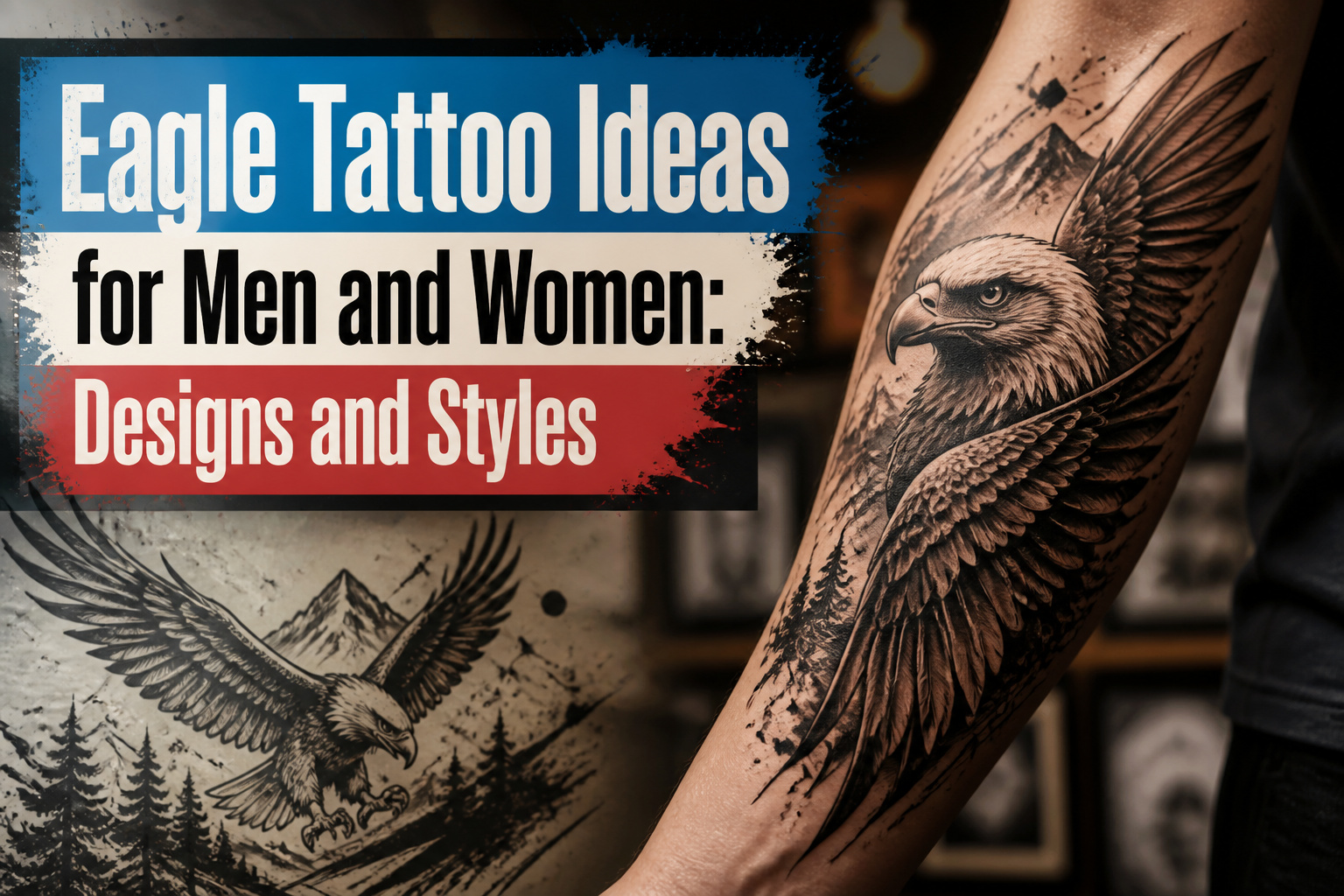 Eagle tattoo with detailed feathers and fierce expression.