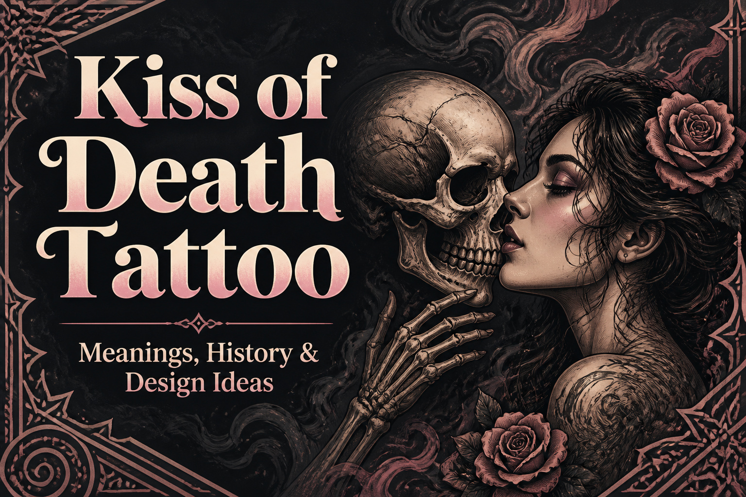 A close-up of a kiss of death tattoo featuring two faces and a dagger.
