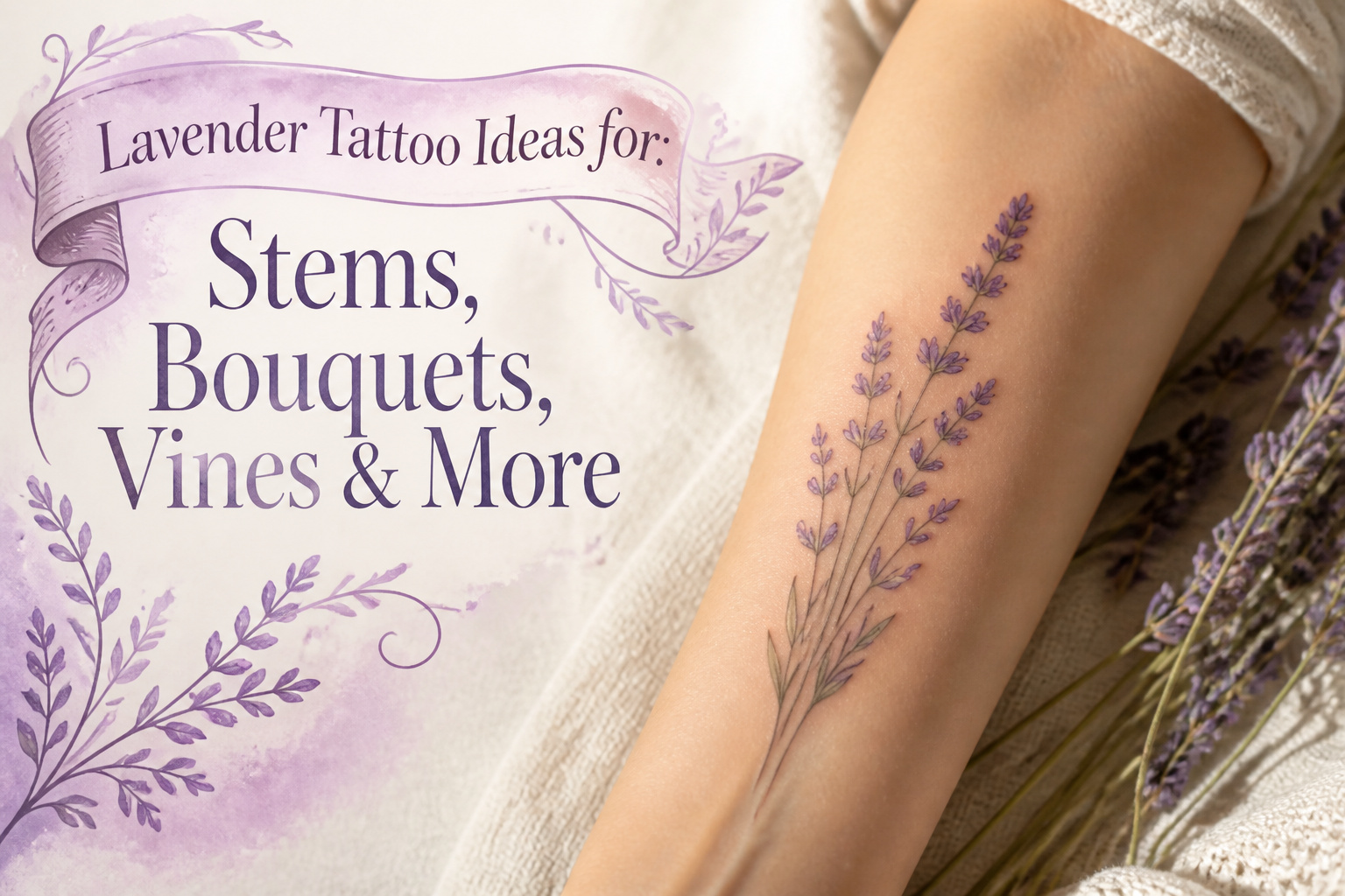 Different lavender tattoos displayed in various styles and placements.
