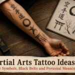 Various martial arts tattoos displayed in a collage format.