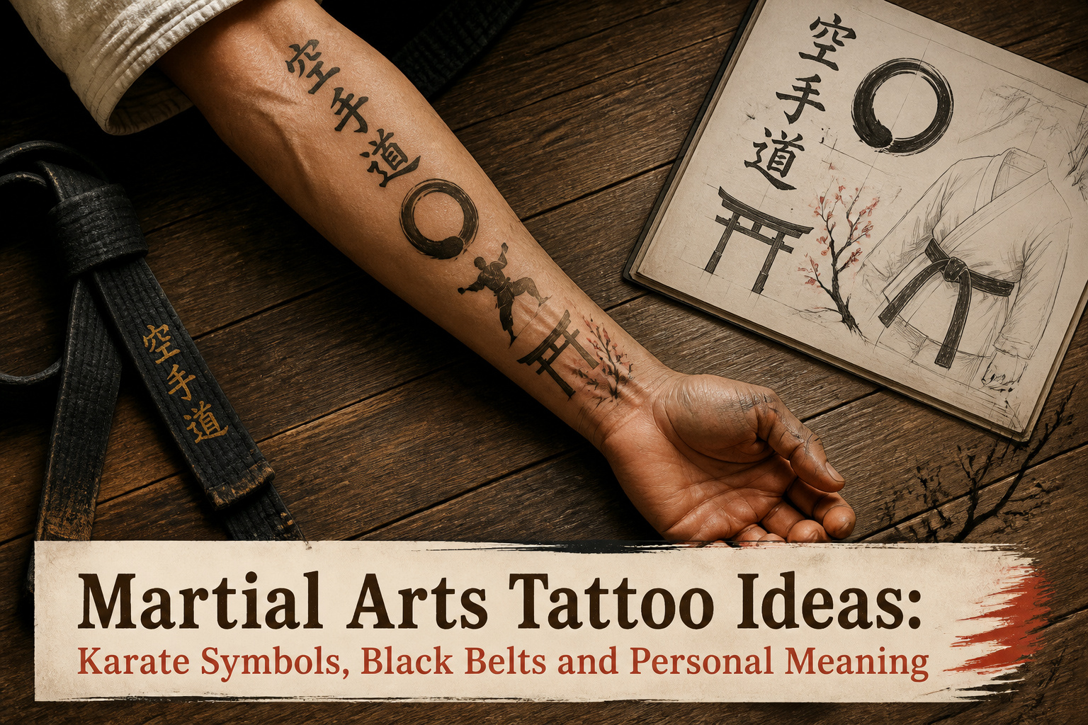 Various martial arts tattoos displayed in a collage format.