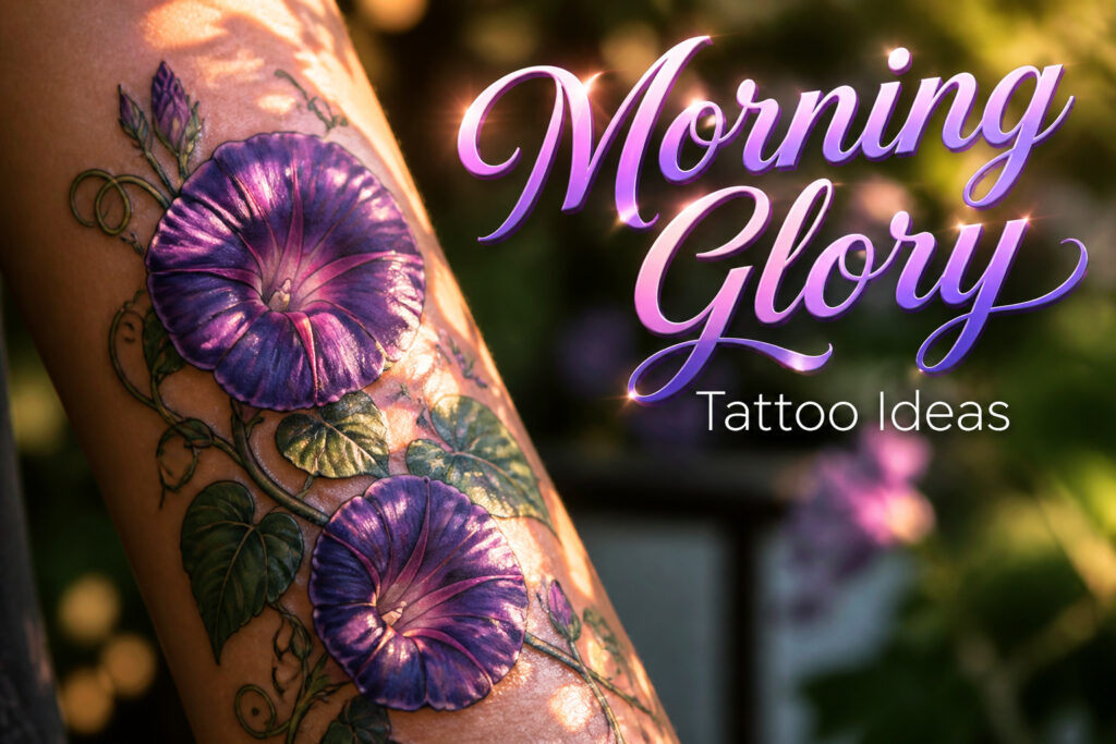 Various morning glory tattoo designs displayed together.