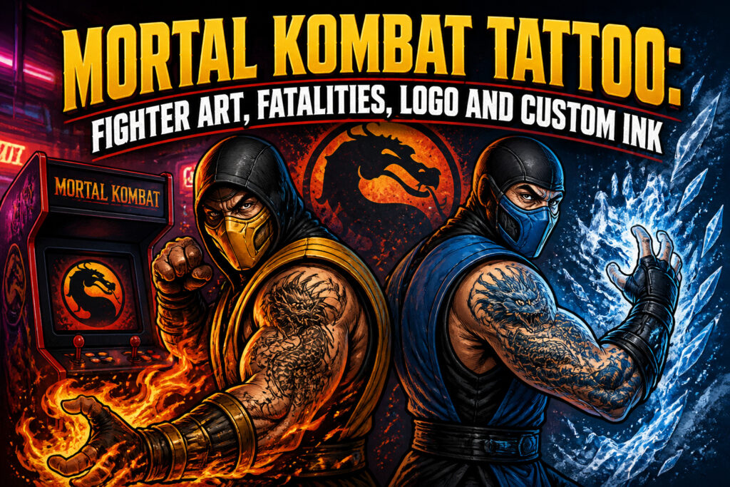 A detailed tattoo featuring various Mortal Kombat characters and elements.