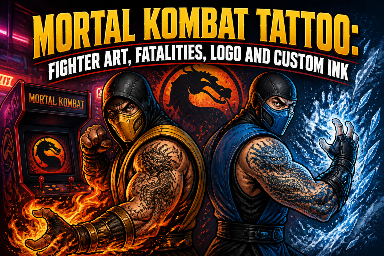 A detailed tattoo featuring various Mortal Kombat characters and elements.