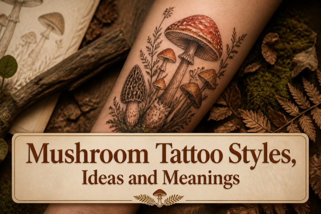 A variety of mushroom tattoo designs displayed together.