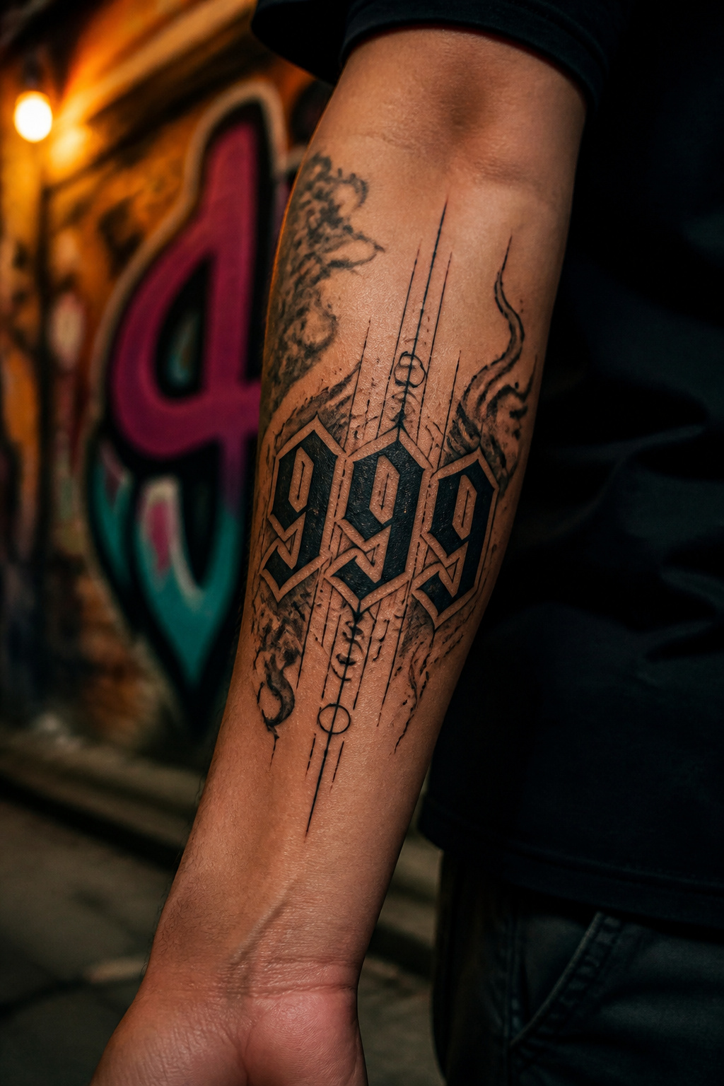 A photograph showing a 999 tattoo inspired by Juice WRLD.