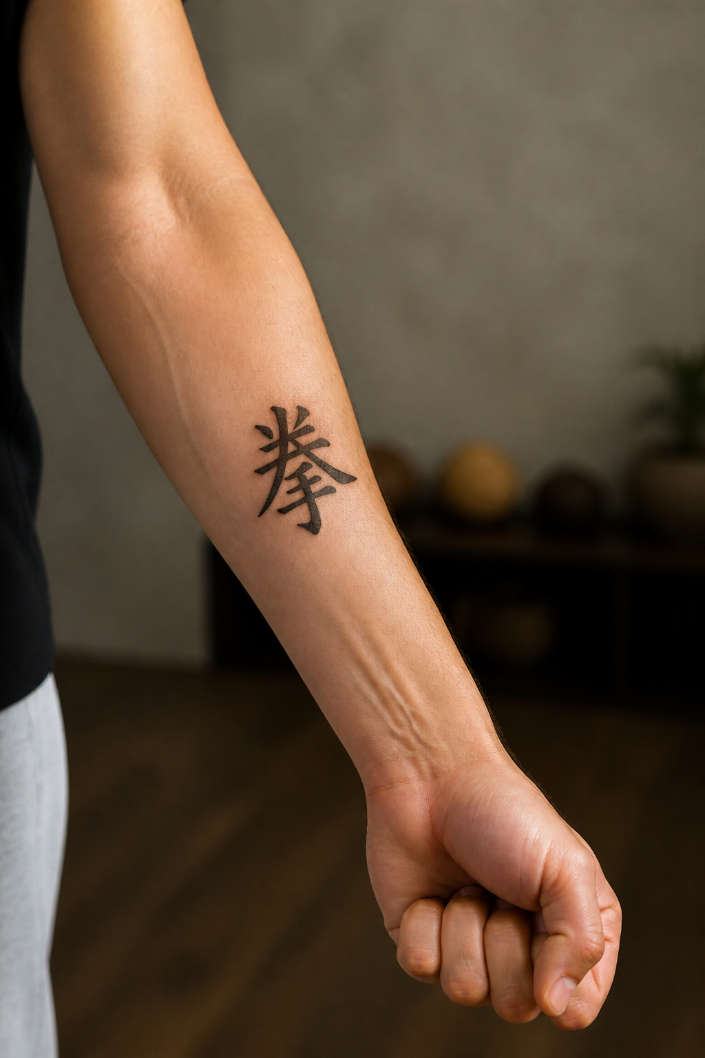 Martial Arts Tattoo Ideas: Karate Symbols, Black Belts and Personal Meaning 1 Karate symbol tattoo in black ink on the inner forearm.