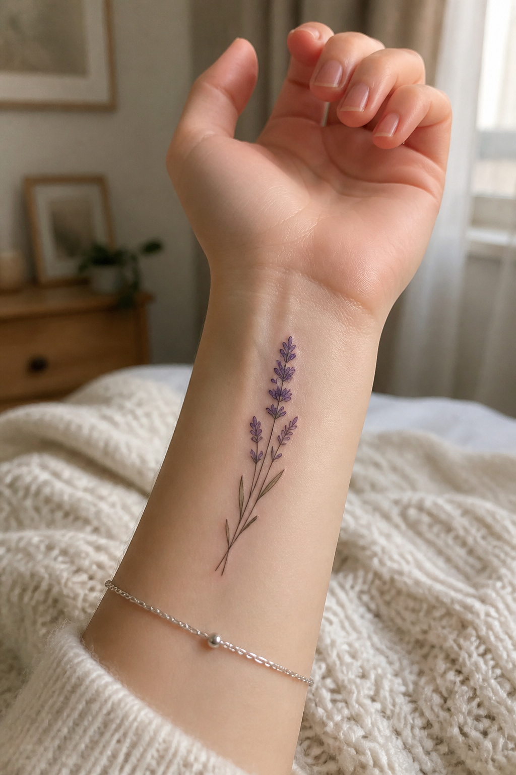 A single lavender stem tattoo on a forearm.