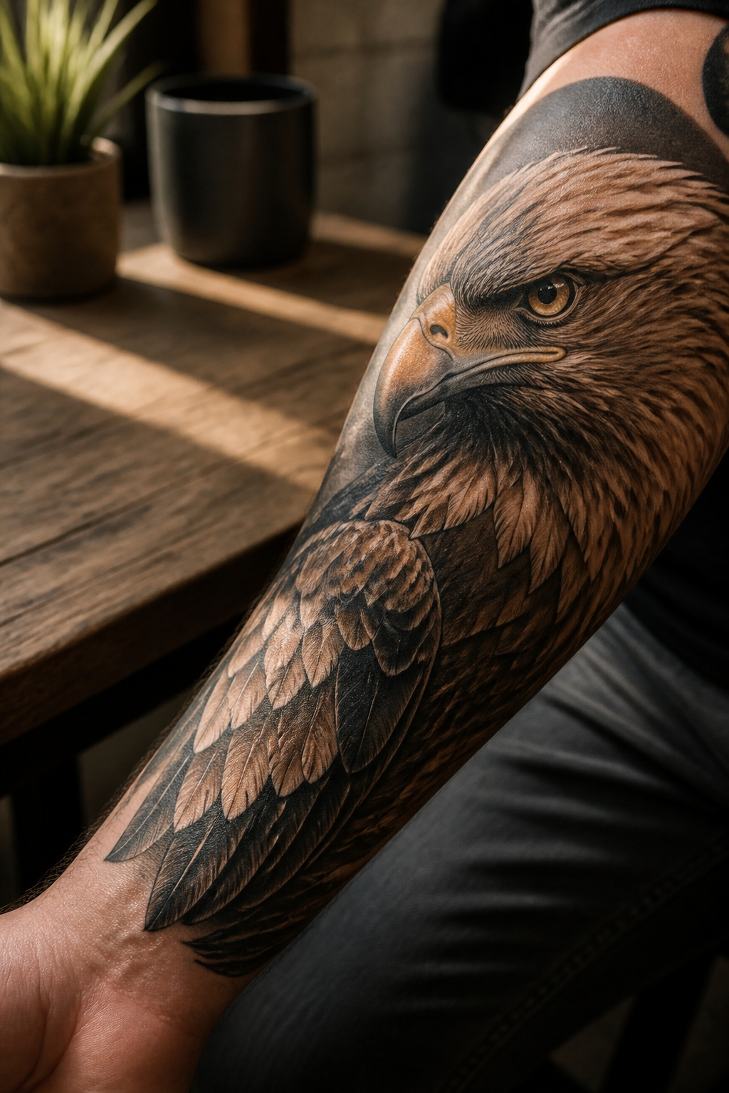 Eagle Tattoo Ideas for Men and Women: Designs and Styles 1 Realistic eagle tattoo featuring detailed feathers and shading.
