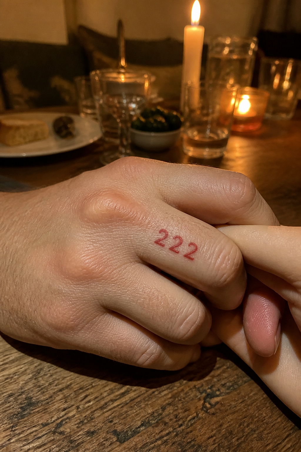 17 222 Tattoo Ideas and Meanings for 2026 1 Close-up of a finger tattoo featuring the numerals '222' in red ink.