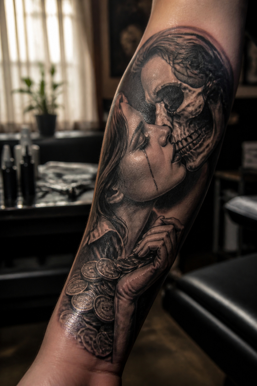 Kiss of Death Tattoo: Meanings, History & Design Ideas 1 A tattoo showing two faces close together with a noose and silver coins.