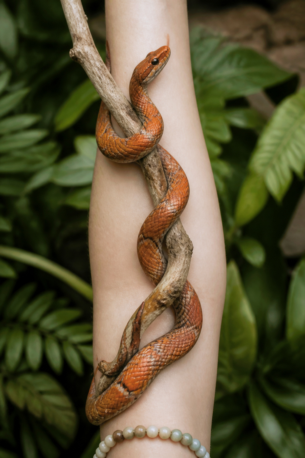 Corn snake coiled around a branch on a forearm.