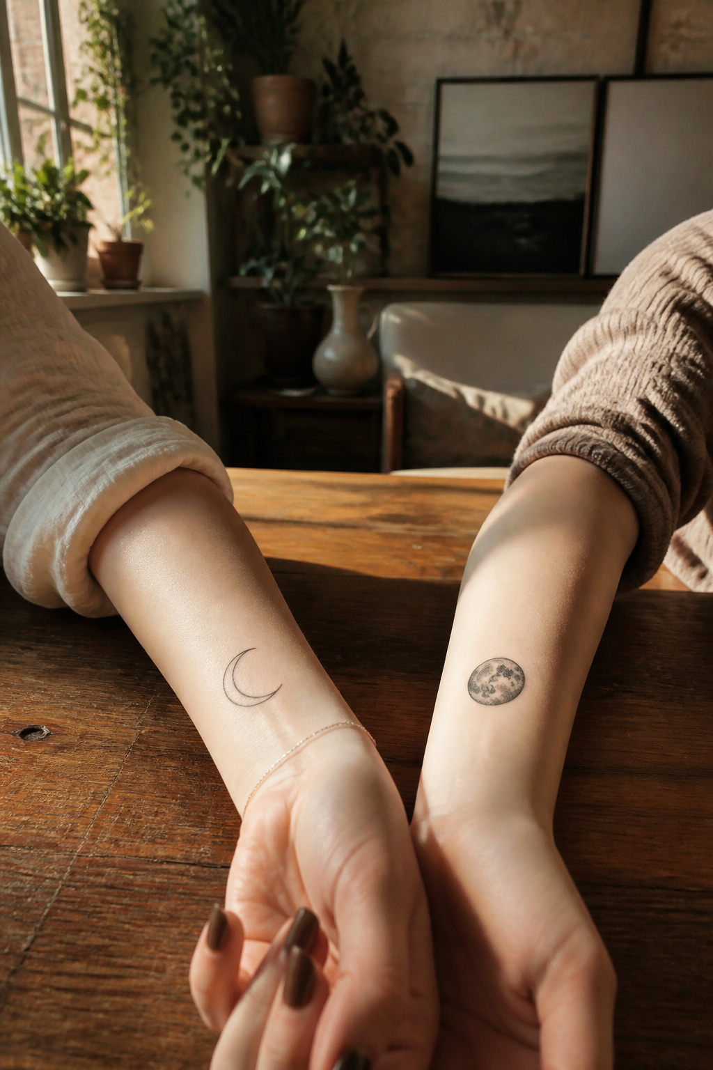 Two forearms with matching crescent and full moon tattoos.