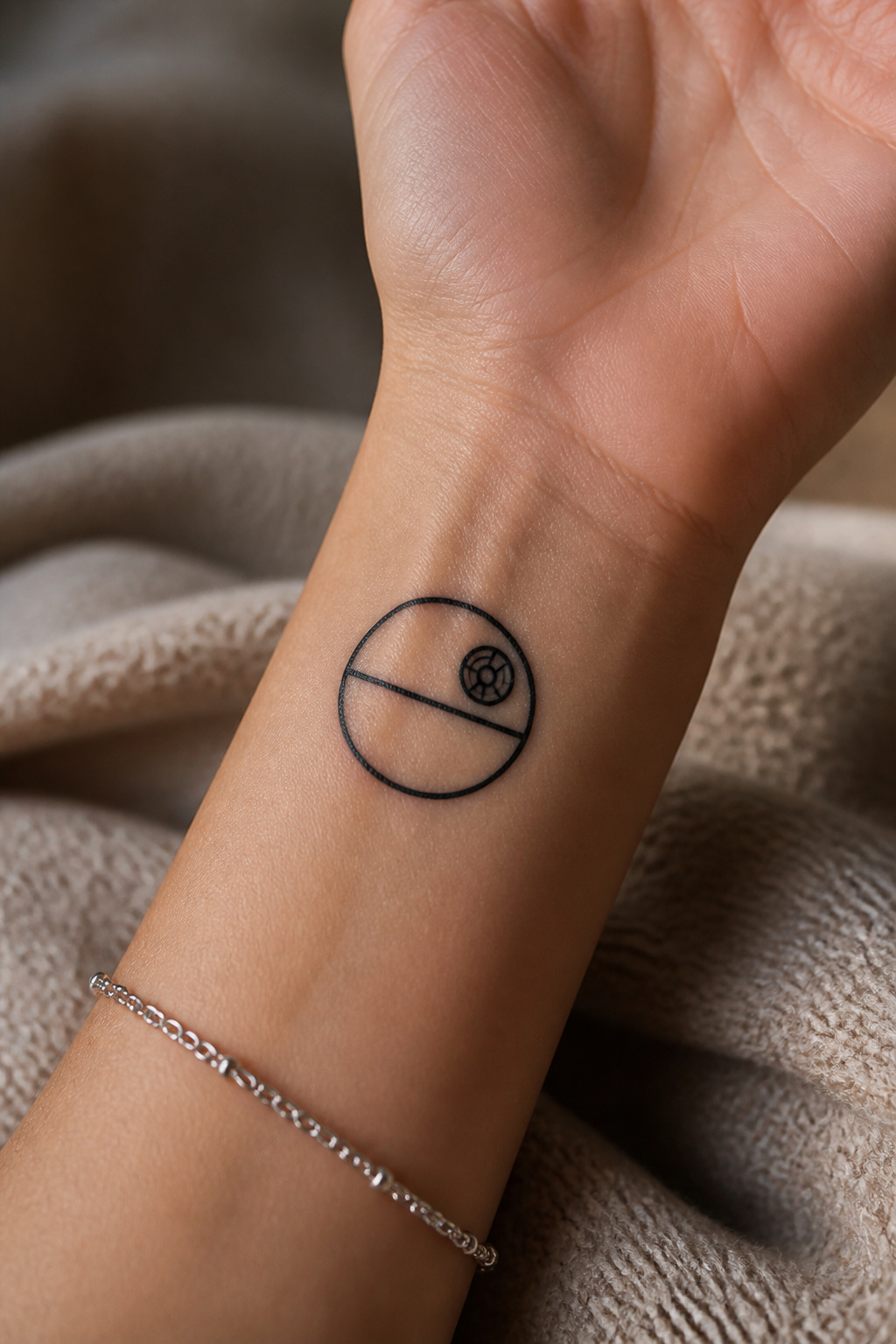 Minimalist Death Star tattoo featuring a simple spherical design.