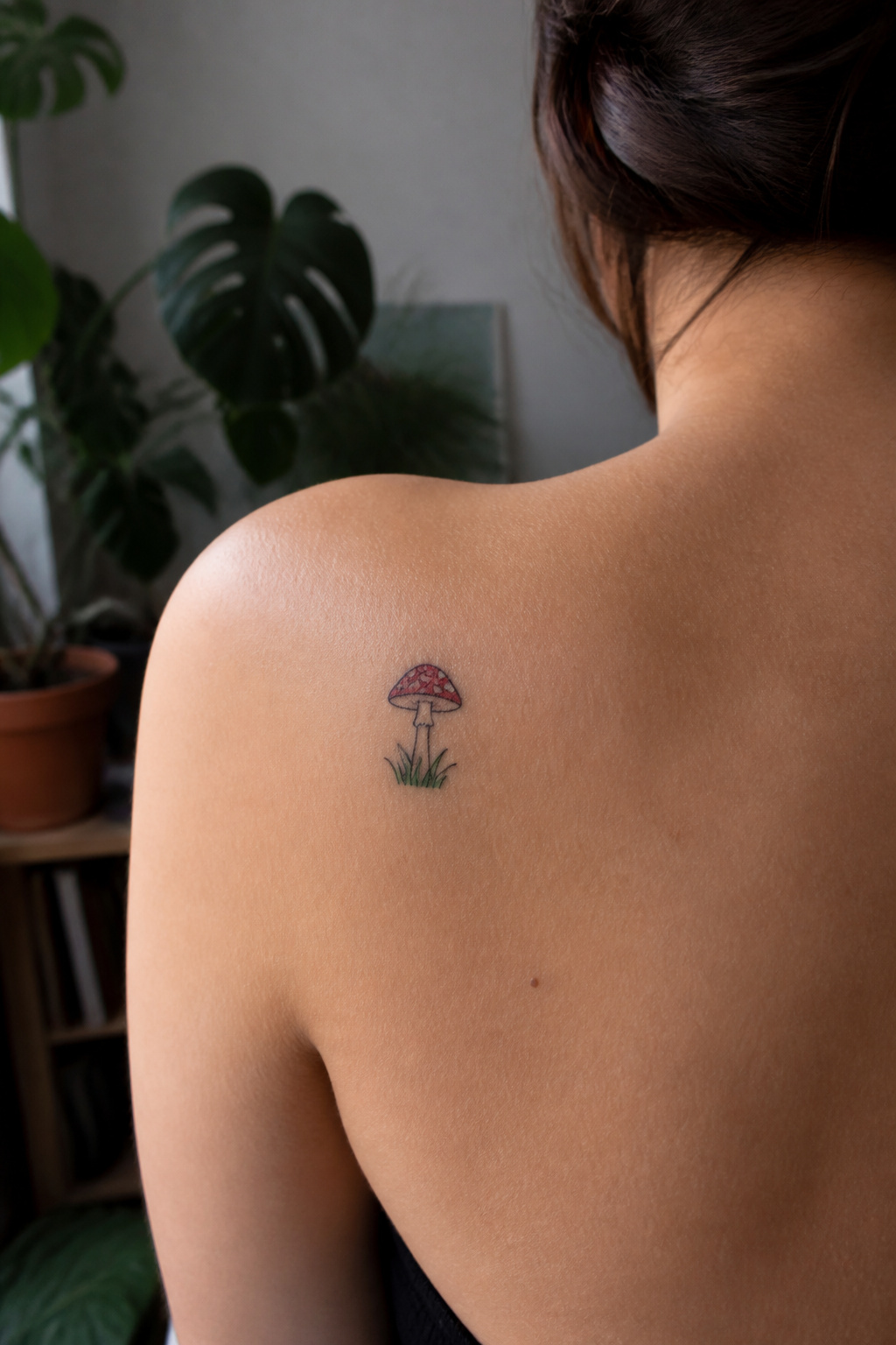Small mushroom tattoo on a shoulder with a faded red cap.