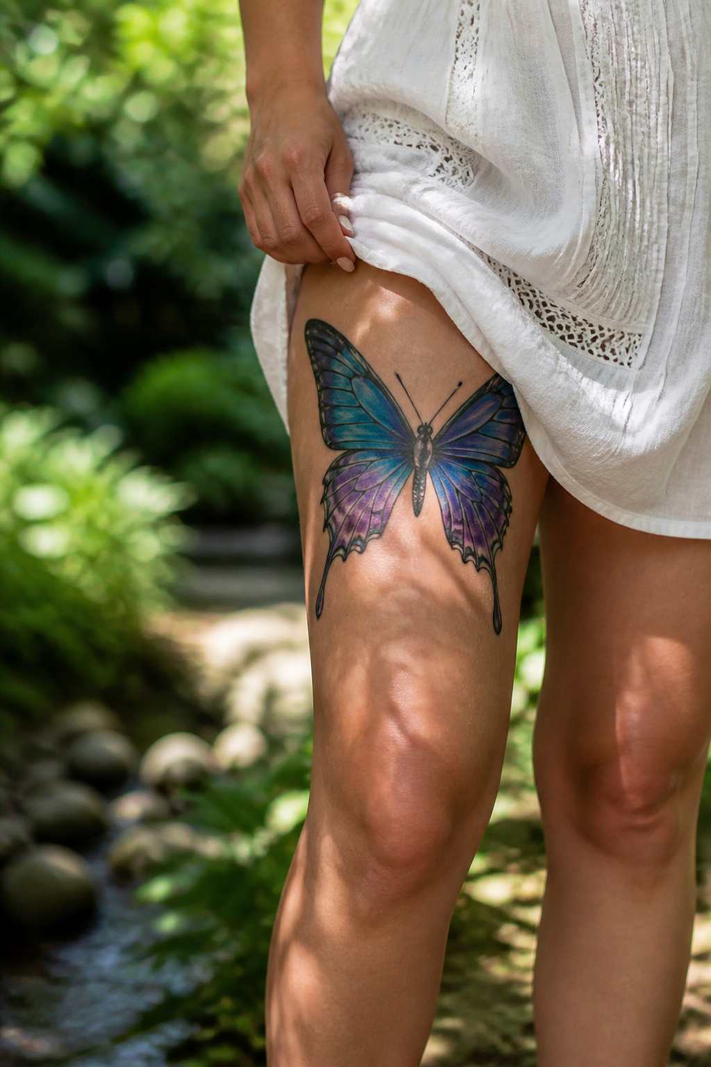 9 Above Knee Tattoo Styles for 2026: From Butterflies to Tribal 1 Butterfly tattoo in blue and purple on a model's upper thigh.