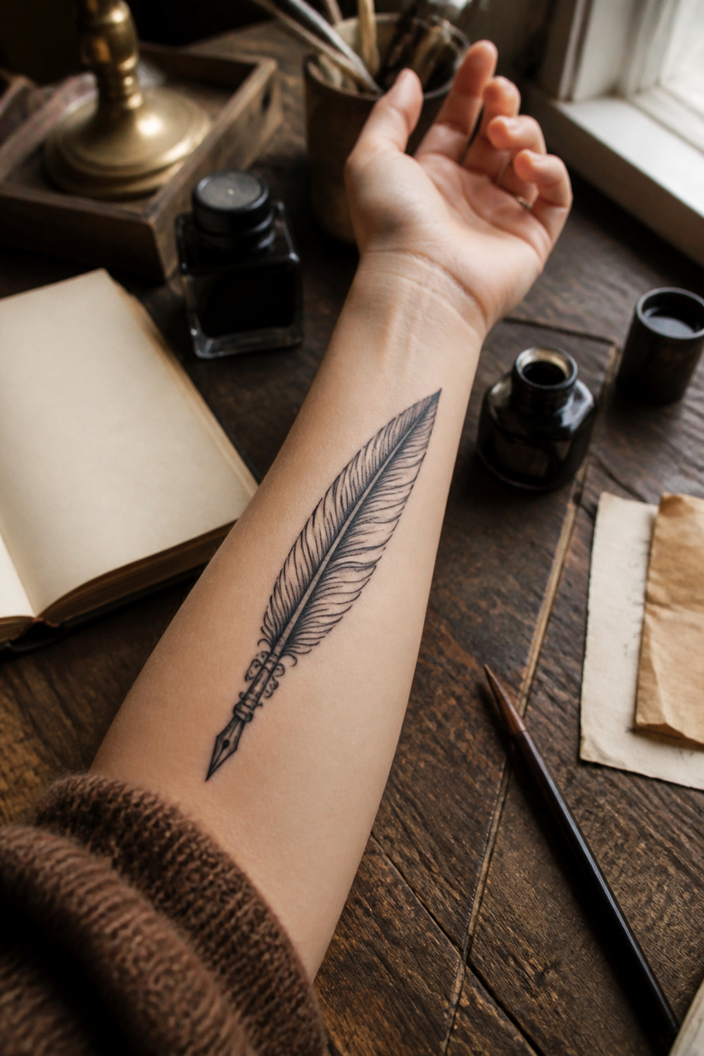 Classic quill pen tattoo in black ink on a forearm.