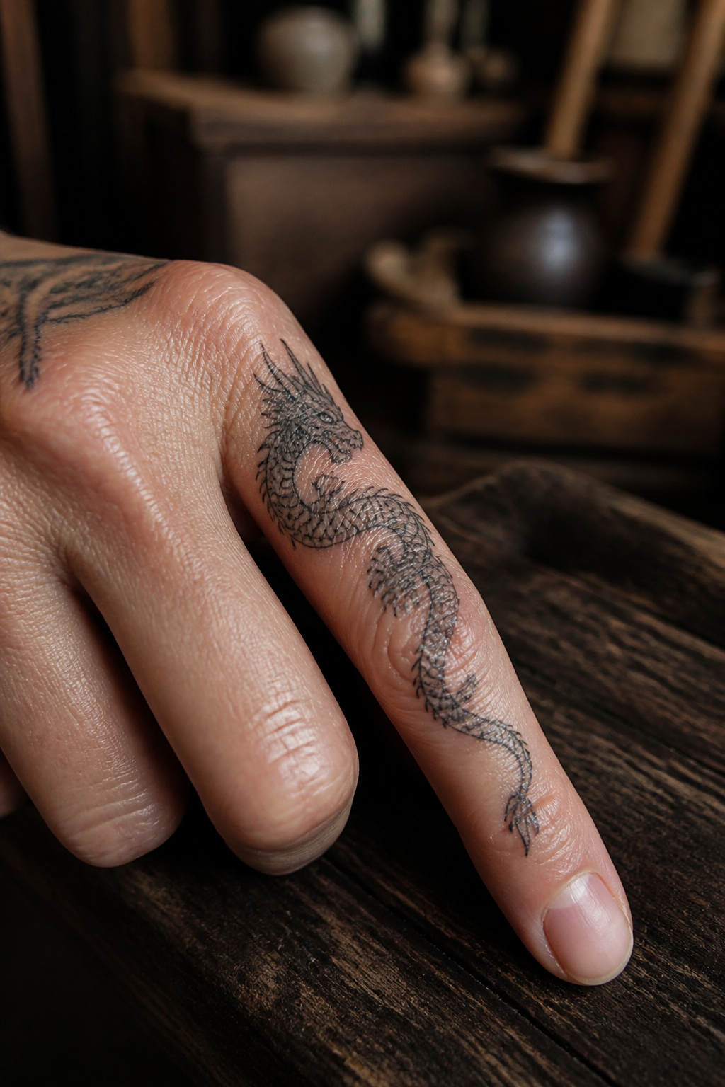 Small dragon finger tattoo with intricate scales and claws.
