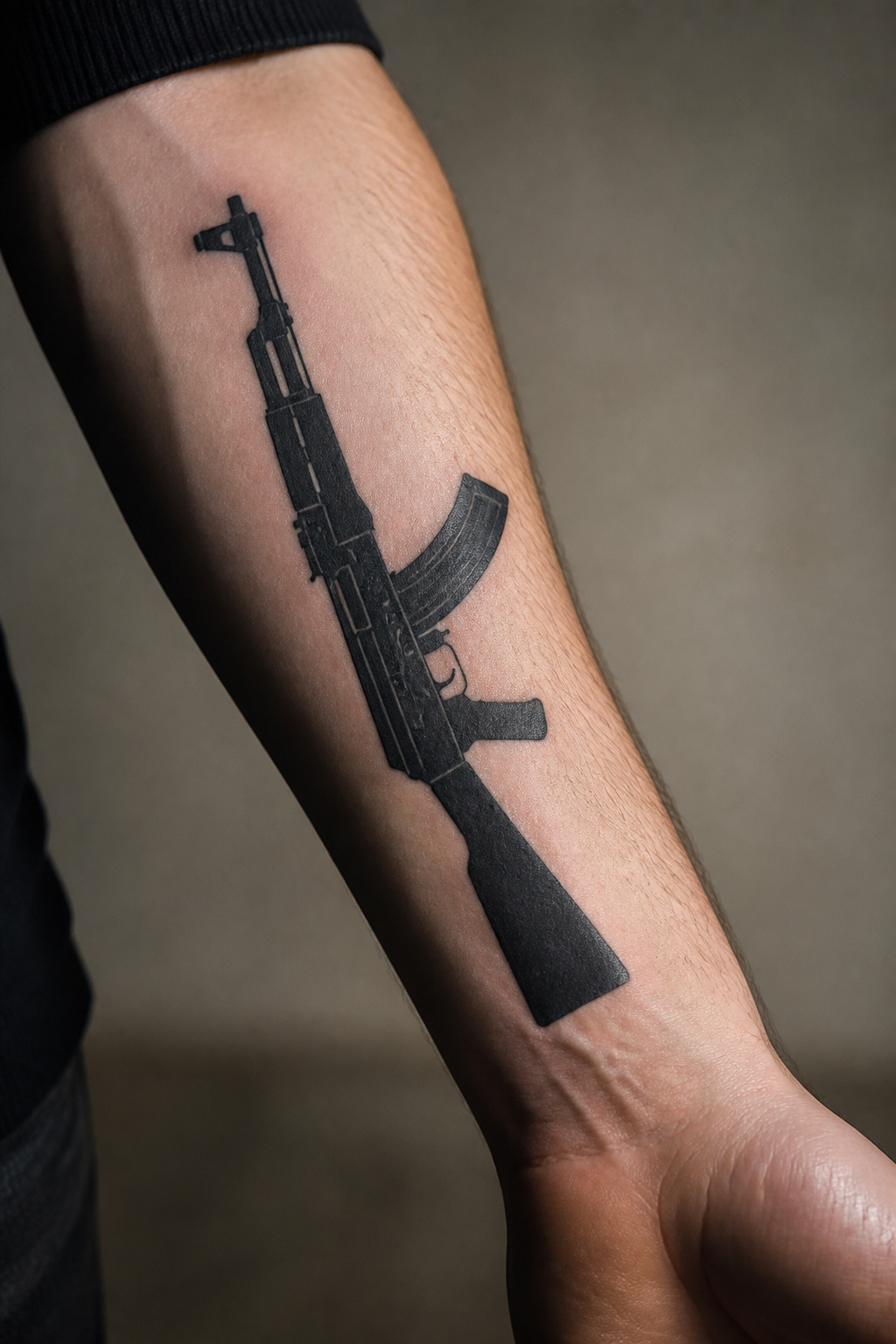 Black AK-47 tattoo with bold outlines.