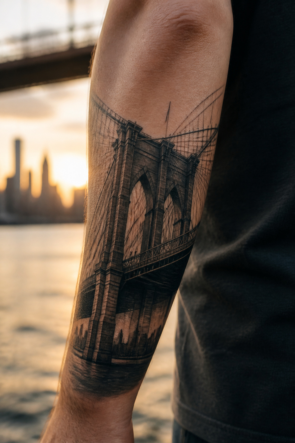 Close-up of a black and gray Brooklyn Bridge tattoo on a model's forearm.