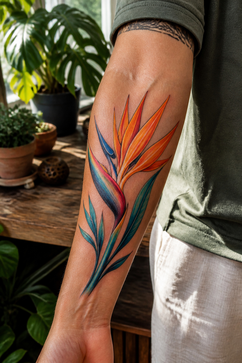 Bird of Paradise Tattoo: Meaning, Styles and Placement 1 Tattoo of a bird of paradise flower with vibrant colors.