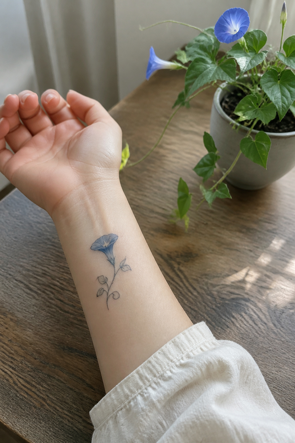25 Morning Glory Tattoo Ideas for 2026 1 Simple morning glory tattoo in pale blue on inner wrist.